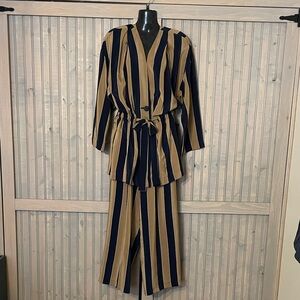 1980s Women's Navy and Camel Wide-Leg Silk Striped Trouser Suit